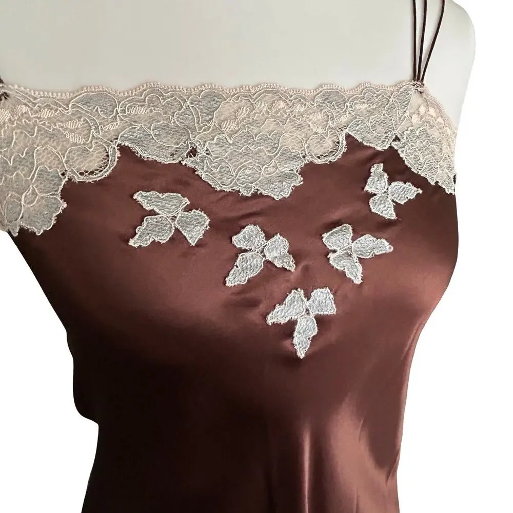 Vintage Silk Lace Trim Negligee Chemise Brown Powder Blue Small - Picture 3 of 8